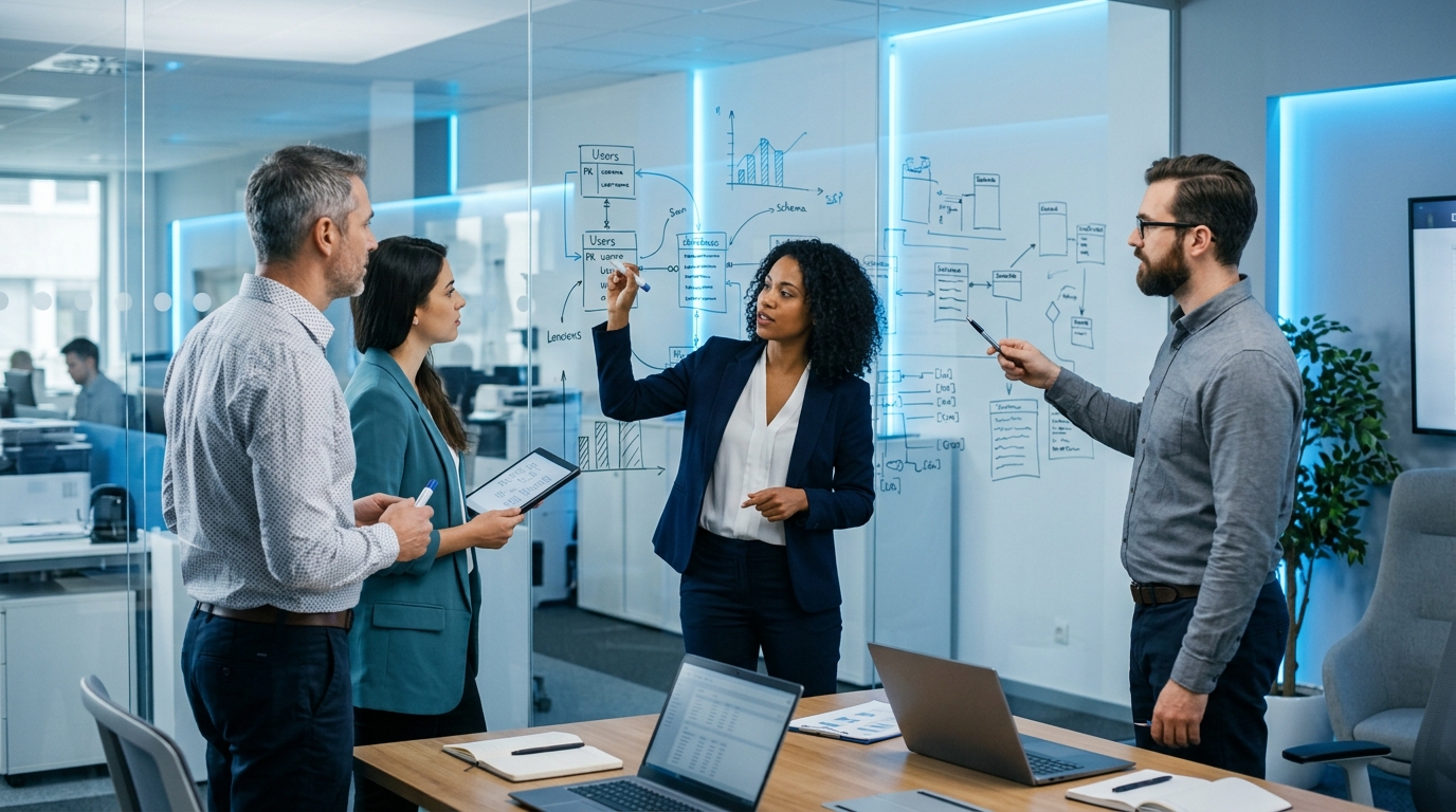 Team of IT consultants discussing database architecture